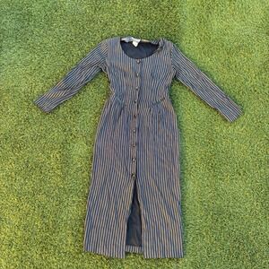 Vintage Marnie West Striped Button Front Midi Dress Size 10 Black Office Casual